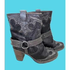 Donald Pliner Calf Hair/Leather‎ Studded Western Boots, New, Hi Ankle, Sz 7B